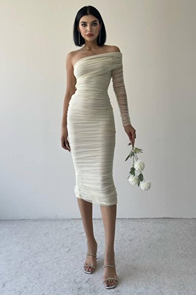 lovebox Podšívaná tylová tkanina s jedním rukávem Detailní midi délka Bílé večerní šaty s tužkou úzkého střihu 109