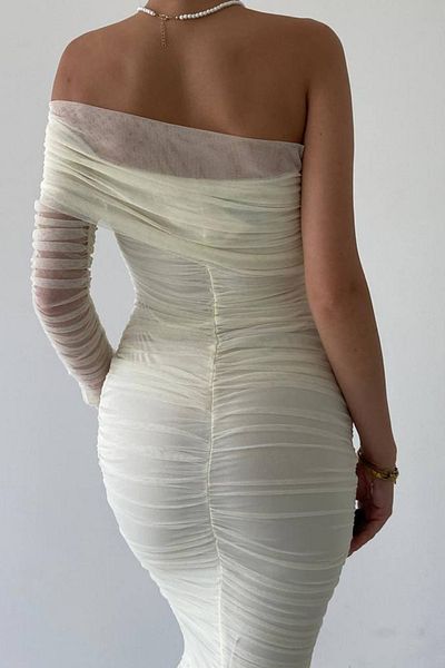 lovebox Gefüttertes, einärmliges, detailliertes, Midi-Länge-weißes, schmal geschnittenes Bleistift-Abendkleid aus Tüllstoff, Kleid 109