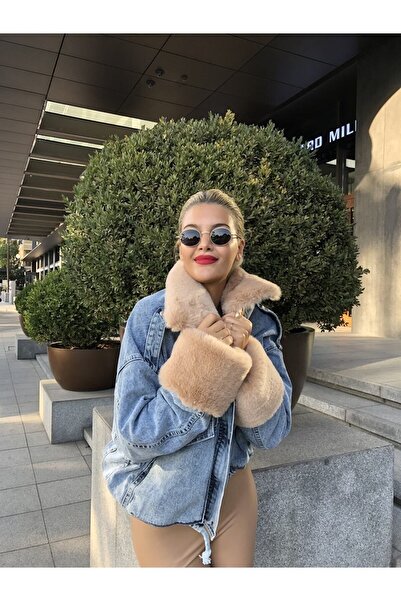 missacik semra açık Синє пальто з верблюжої курки Ici Camel Kurk Detail Design