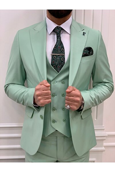 LONATOLİA Erkek Takım Elbise Kırlangıç Yaka İtalyan Kesim Slim Fit Ceket Yelek Pantolon