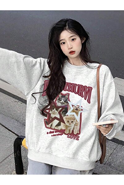 Tarzsokak Γκρι φούτερ με μοτίβο γράμματα και γάτα, εκτός ώμου, σε μεγάλο μέγεθος