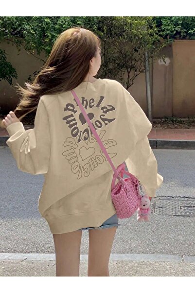 Tarzsokak Grafika slova na spuštenim ramenima Oversize kroj bež trenirka