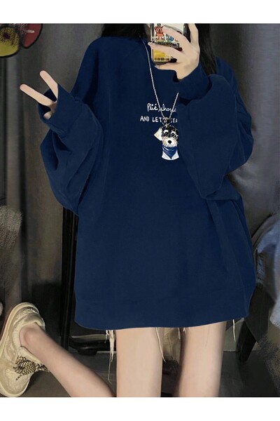 Tarzsokak Slogan ve Karikatür Grafikli Düşük Omuz Oversize Sweat Lacivert