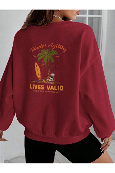 Tarzsokak Sweatshirt cu slogan și model cu palmieri, culoare burgundy