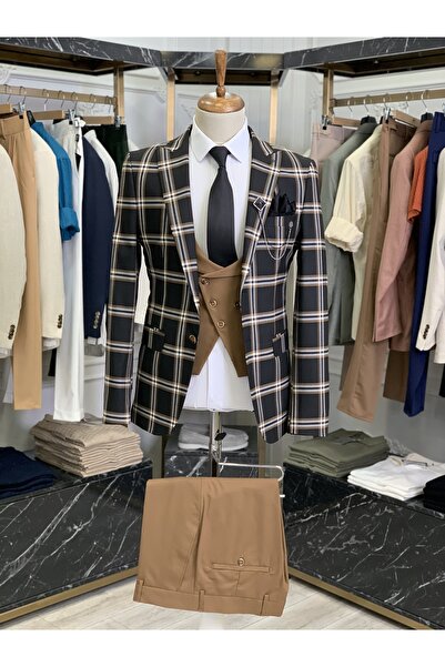LONATOLİA Erkek Takım Elbise Kombinli İtalyan Kesim Slim Fit Ceket Yelek Pantolon-Siyah