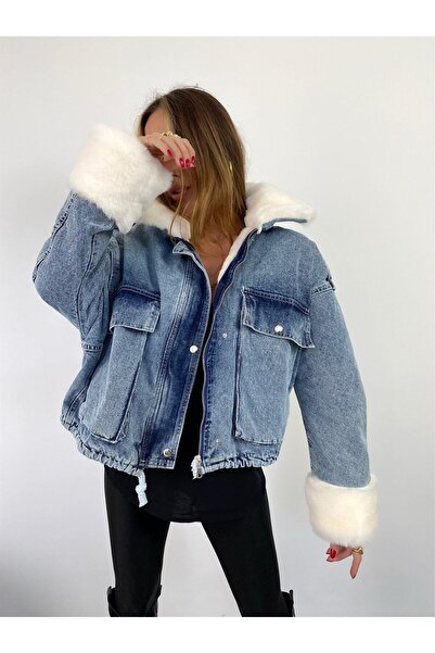 missacik semra açık Palton de jeans cu detaliu de blană albastră și albă