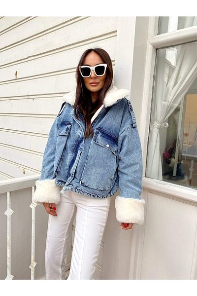 missacik semra açık Palton de jeans cu detaliu de blană albastră și albă