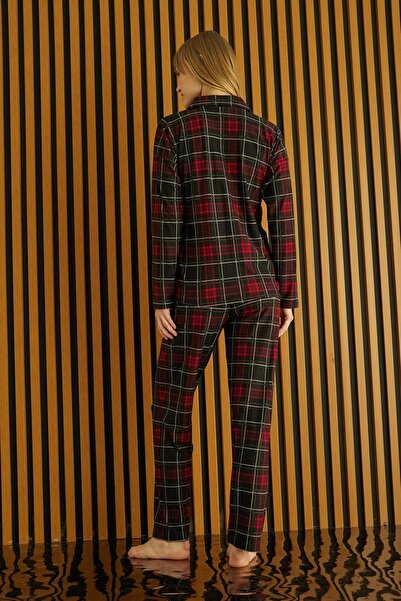 Pijamoni PYJAMONY PLAID PRINTED SUEDE FRONT BUTTONED LONG SLEEVE WOMEN'S PAJAMAS SET 5660 - Claret Red