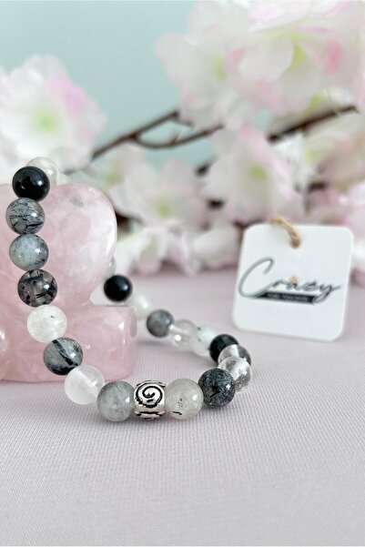 CRAZY TAKI TASARIM سوار للجنسين من حجر الكوارتز الطبيعي الروتيل الأسود