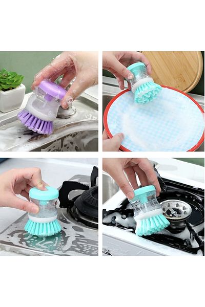 Kenpool Kitchen Washing Pot Dish Brush with Liquid Tank Detergent Soap Dispenser Cleaning Accessory