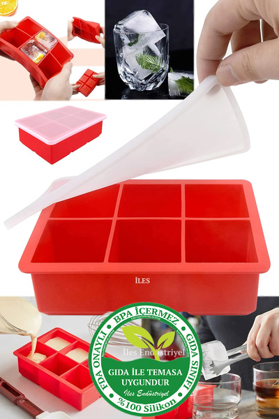 Gurme Chef Silikon Büyük 6'lı Küp Kapaklı Buz Kalıbı, Kırmızı