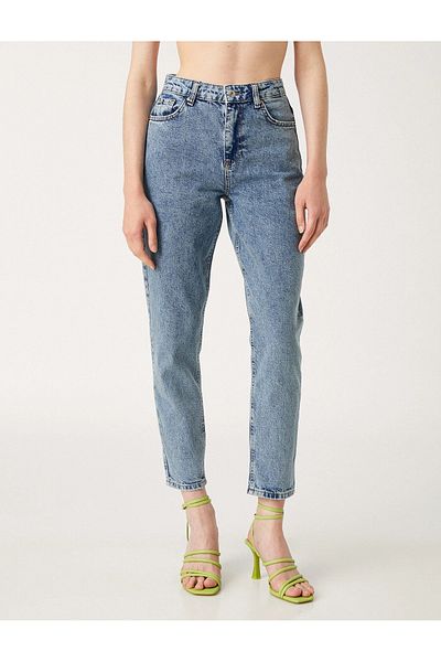 DRC trend Blugi Mom Bawool Albastru Deschis Lycra Talie Înaltă Pantaloni Mom Denim Albastru Spălat Zăpadă
