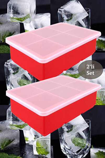 İLES Silikon Büyük Boy 6'lı Küp Buz Kalıbı, Kapaklı, Kırmızı 2 Adet