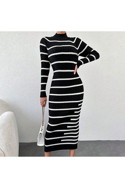 merlavin Rochie creion tricotată cu mânecă lungă, cu gât în dungi, pentru femei (culoare)