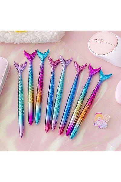 QUEEN AKSESUAR Imported luxury mermaid tail metallic shiny rainbow colorful cap ballpoint pen 1pc