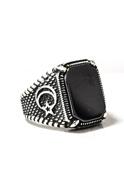 bymissmücevherat 925 Ayar Gümüş Ay Yıldız Model Kare Oniks Taşlı Erkek Yüzük