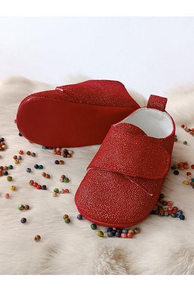 Hodore Glittery Red Genuine Leather Velcro Baby Shoes