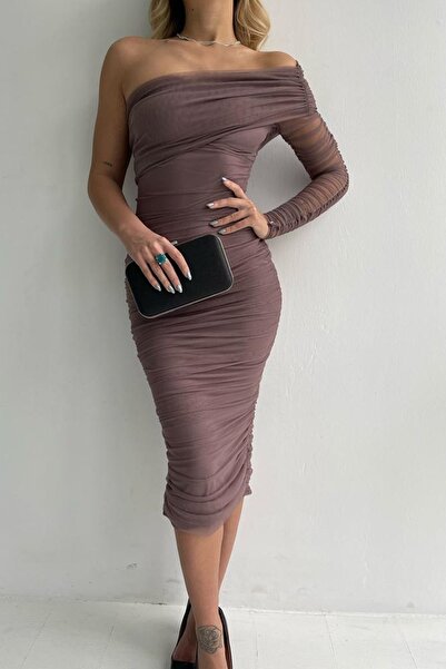 vuvutasarım Astarlı Tül Kumaş Tek Kol Detay Slim Fit Dar Kesim Midi Boy Vizon Abiye Elbise 109
