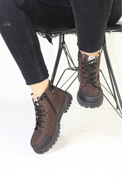 DÜNYA MAĞAZA Extrem Unisex Μαύρο Καφέ Χειμερινές Μπότες με φερμουάρ με γούνα στο εσωτερικό