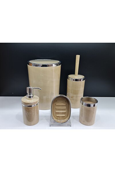 GuvenliPazar 5 Parça Akrilik Yuvarlak Banyo Seti Krem Mermer Gümüş Kromaj 5'li