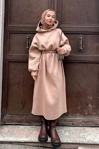 stil hatun butik Kapüşonlu Sweat Elbise, Kapüşonlu, Şardonlu Sweat Elbise, Ka...