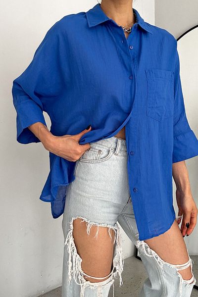 FEMELLE Cămașă oversize din bumbac, cu un singur buzunar, Saks New Season, cu mânecă săracă