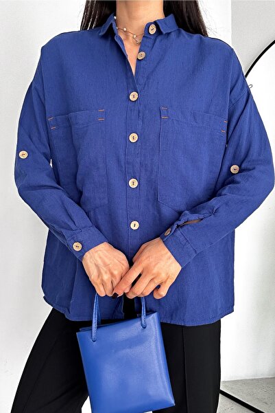 FEMELLE Cămașă de damă cu mânecă pliabilă cu nasturi din lemn, cu buzunar dublu, lejer, fluid, 65% bumbac, 35% in