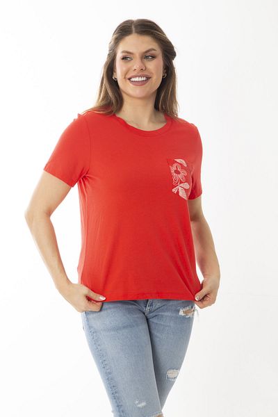 Şans Women's Large Size Red Peto Pocket Short Sleeve Blouse 65N36947