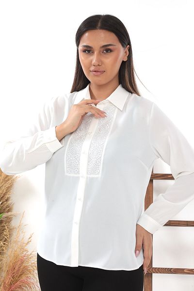 Selent Women's Guipure Detailed Pearl Buttoned Long Sleeve Large Size White Shirt