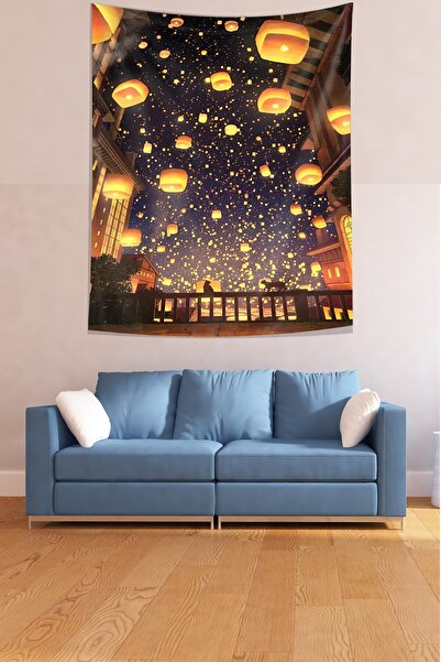 Pelangi Wishing Lanterns in the Night Sky Stain Resistant Fabric Wall Cover W...