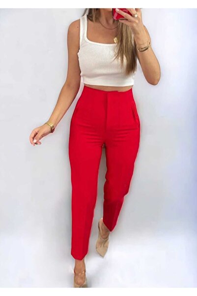 EN MODA STORE HAVUÇ PAÇA KLASİK ŞIK KADIN KIRMIZI PANTOLON
