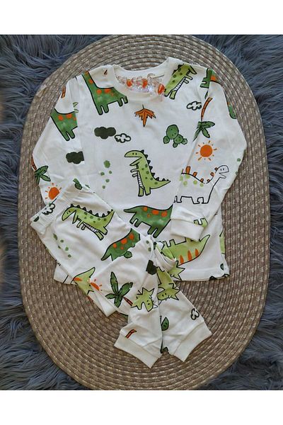 YDBKStore Set de 2 pijamale lungi cu imprimeu Dino verde pentru băiat (1-13 ani).