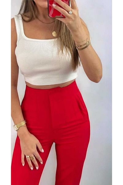 EN MODA STORE بنطلون كاروت كاندل كلاسيكي أنيق للنساء باللون الأحمر
