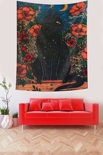 Pelangi Gece Siyahı Kedi ve Çiçekler Leke Tutmaz Kumaş Duvar Örtüsü Duvar Hal...