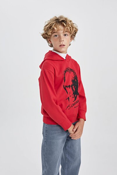 DeFacto Fiú Atatürk nyomott piros kapucnis pulóver B3747a823wn