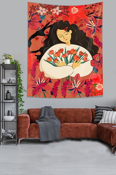 Pelangi Poppies Flowers and Peaceful Girl Stain Resistant Fabric Wall Cloth Wall Carpet Tapestry