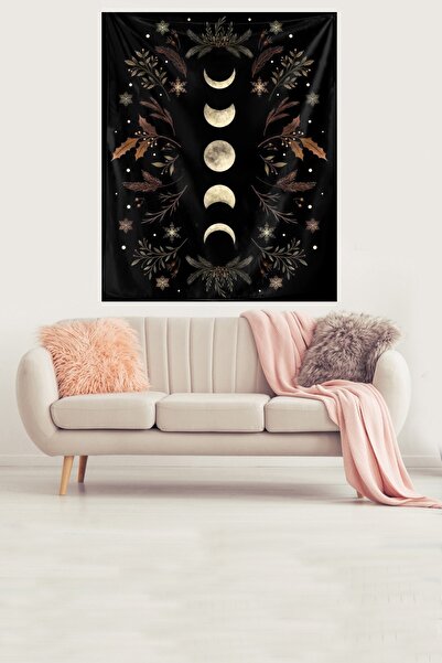 Pelangi Ayın Evreleri Mistik Temalı Leke Tutmaz Kadife Kumaş Duvar Örtüsü Duv...