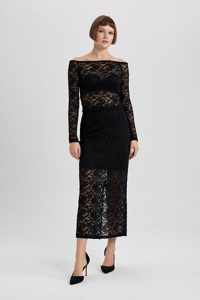 DeFacto Slim Fit Slim Fit Off-Shoulder Lace Long Sleeve Black Blouse B6647Ax23Wn