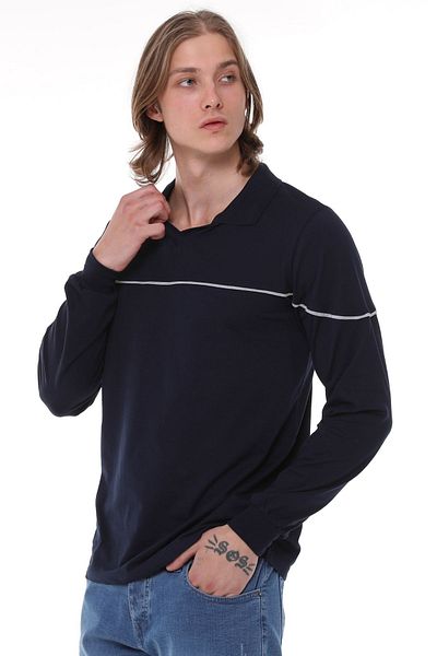 Uniprom Long Sleeve T-Shirt Combed Cotton Polo Collar 100% Cotton Navy Blue Men