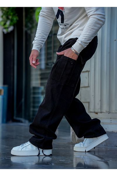 Tarz Cool Ανδρικό μαύρο τζιν παντελόνι με κορδόνια με τσέπη Cargo