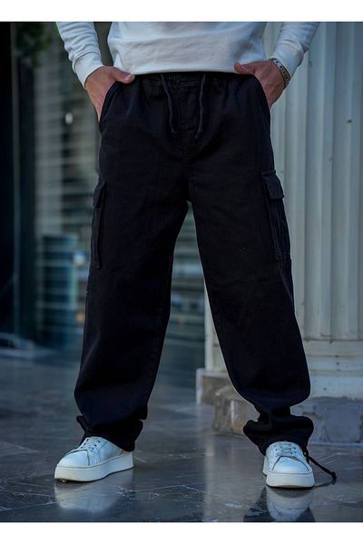 Tarz Cool Ανδρικό μαύρο τζιν παντελόνι με κορδόνια με τσέπη Cargo