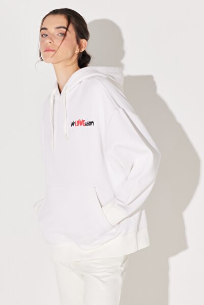 WRANGLER Oversize Fit Wide Cut Hooded Fleece Inside Back Printed Off White Sweatshirt