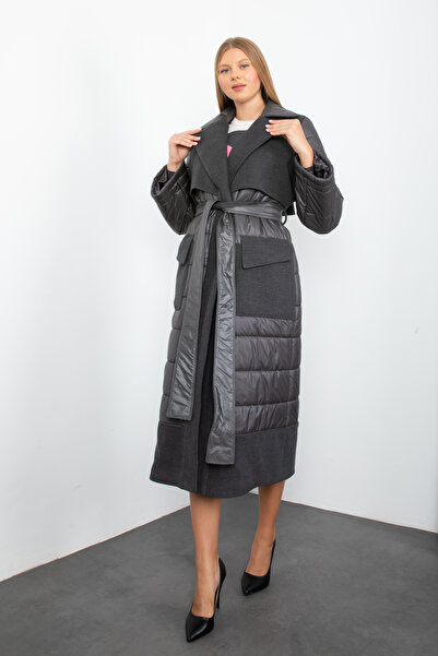 ŞEYDA ERTEM MANTOANĂ ANTRACIT PENTRU FEMEI, PUFTOSĂ ȘI CU CAPĂTĂ, LUNGĂ ȘI GR...