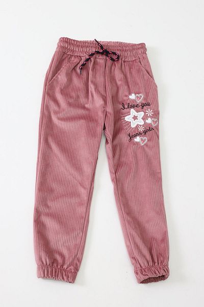 CANBİX Girl's Love Embroidered Velvet Trousers