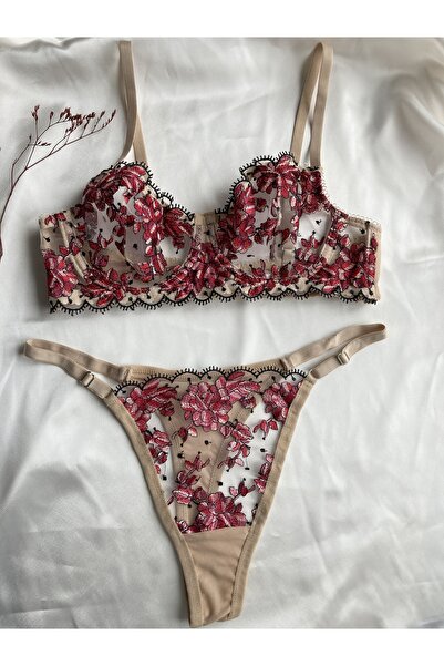 ARONA Pembe Çiçek Desenli Brode İşlemeli Balenli Ten Rengi Sütyen Tanga Takım