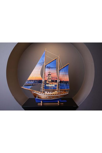 AYHAN KOTRA Istanbul Maiden's Tower Printed Cloth Sailboat, Wooden Model Ship Model Home, Office Gift and Accessory