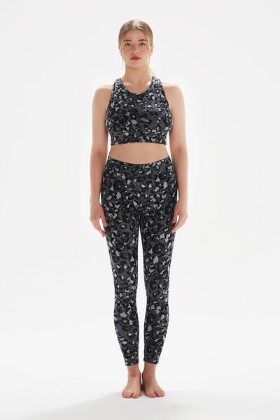 Comm-Ci الياسمين رمادي غامق الخصر العادي المطبوعة القطن العضوي انتعاش طماق رياضية طويلة