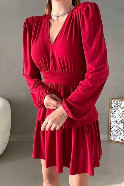 vuvutasarım Rochie mini cu mânecă lungă, cu decolteu în V, cu strat de material roșu nisipos 582661