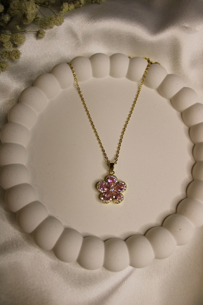 Dropaksesuar Pembe Taşlı Çiçek Kolye