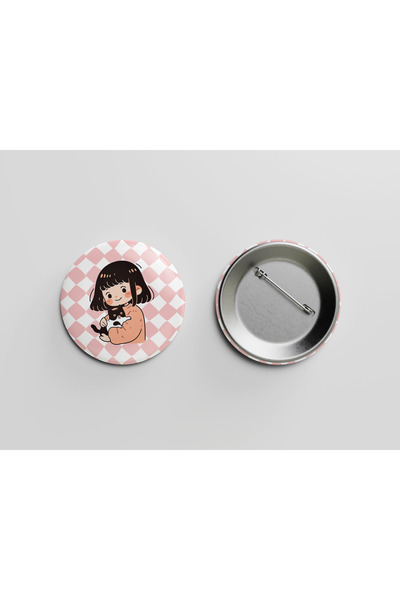 Hume Craft Kedi ve Sevimli Kız 2 İğneli Metal Rozet